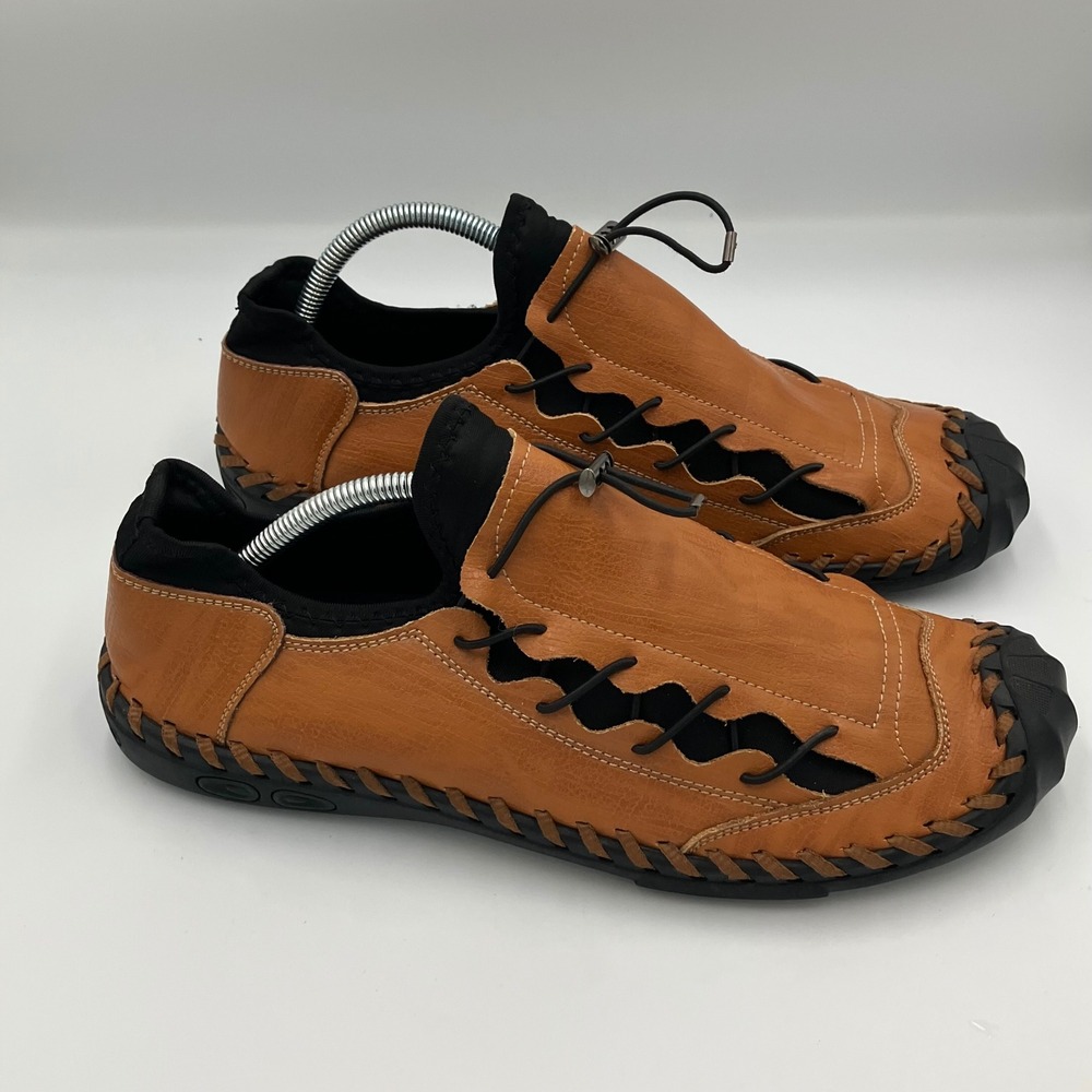 Mens Tan Leather Hand Stitched Toggle Lace 11.5 Loafers Shock Absorber Size 45